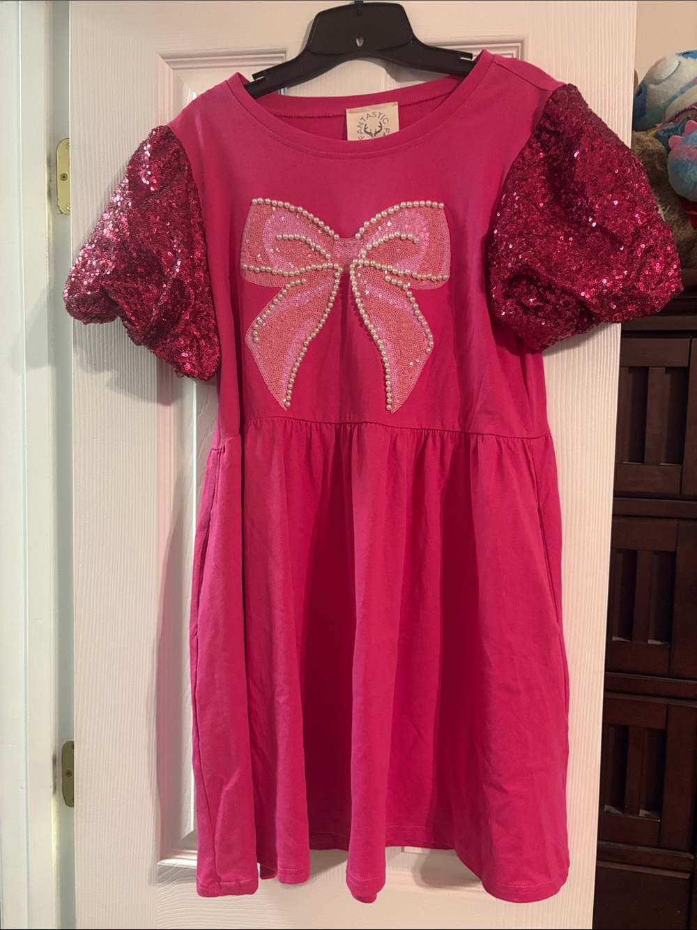 Fantastic Fawn Hot Pink Sequin Puff-Sleeve Bow Dress